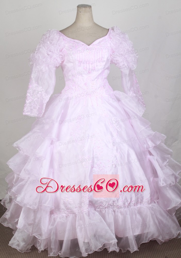 Baby Pink Popular Flower Girl Pageant Dress With Long Sleeves Embroidery and Ruffled Layers Decorate
