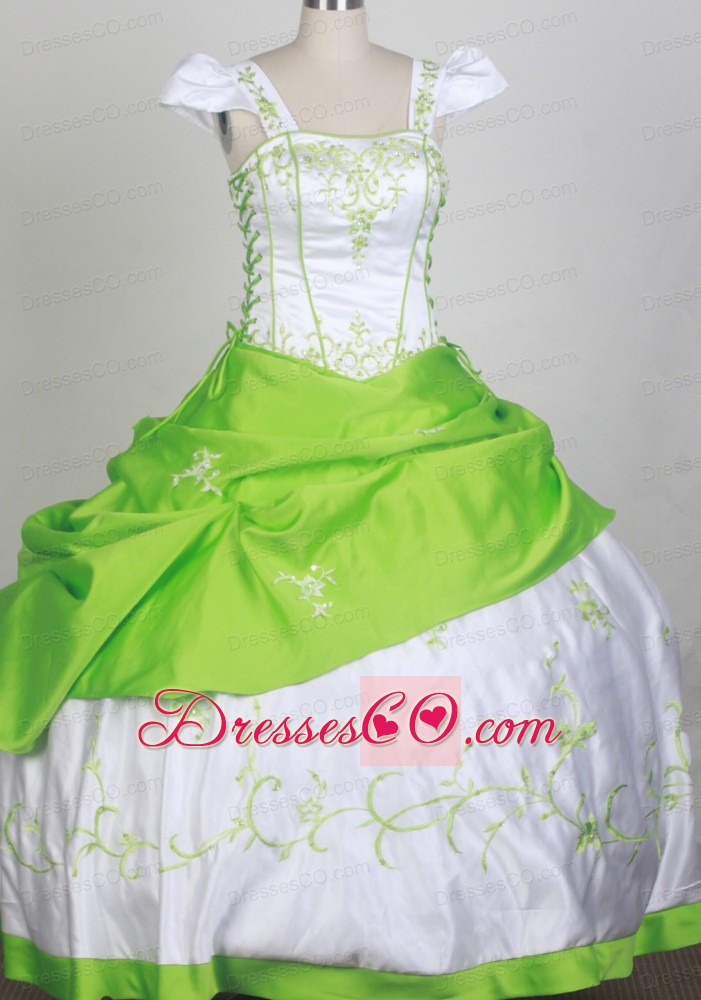 Sweet Ball Square Neckline White and Spring Green Embroidery Decorate Flower Girl Pageant Dress
