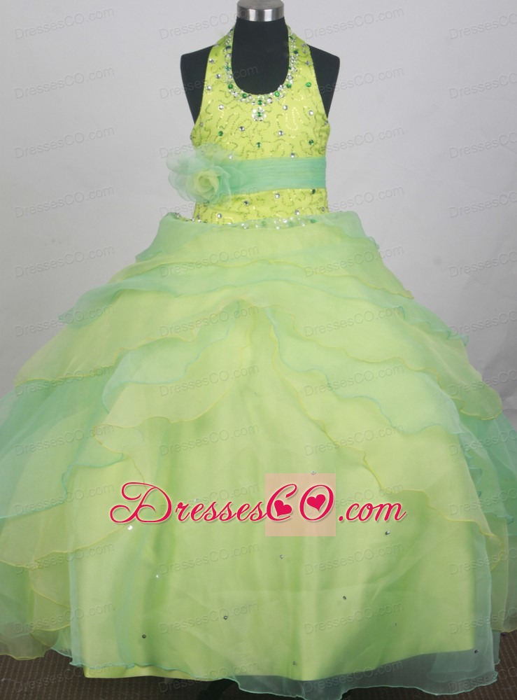 Sequins and Beading Decorate Apple Green Halter Flower Girl Pageant Dress With Belt
