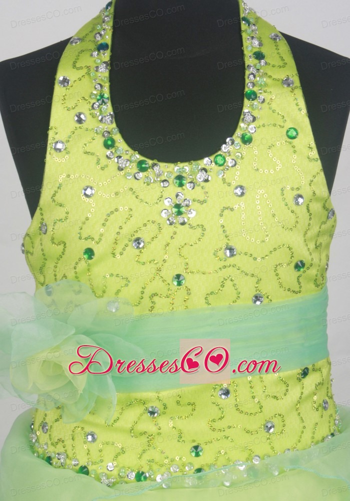 Sequins and Beading Decorate Apple Green Halter Flower Girl Pageant Dress With Belt