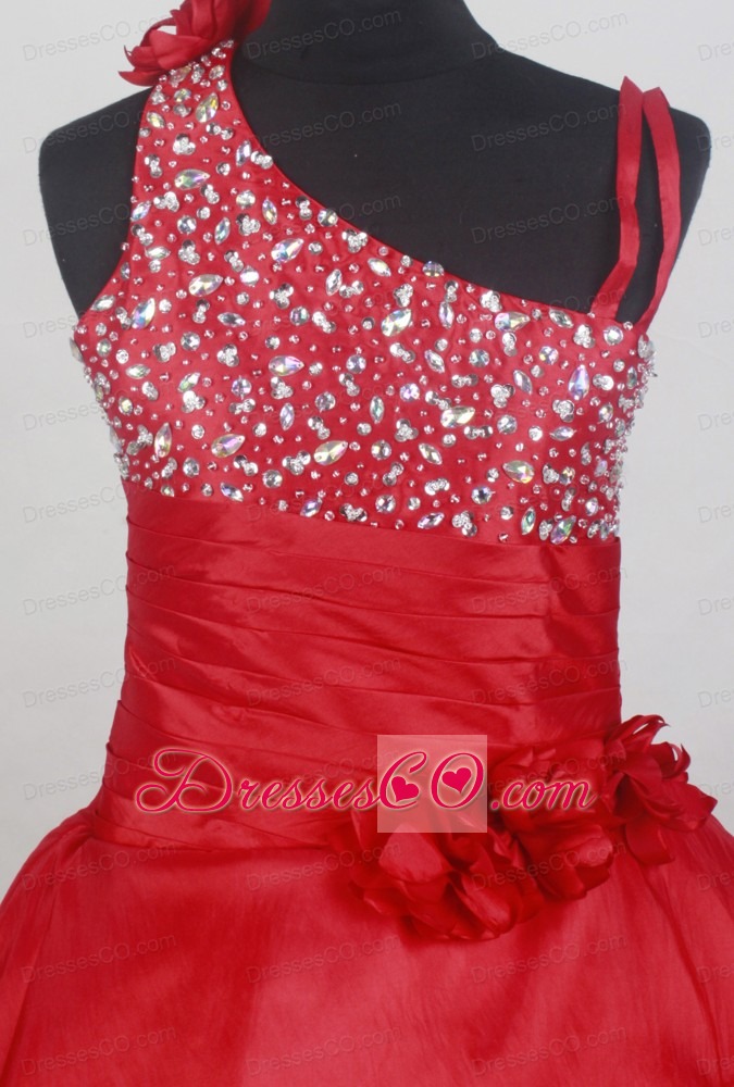 Asymmetrical Red Beaded and Flowers Decorate Flower Girl Dress