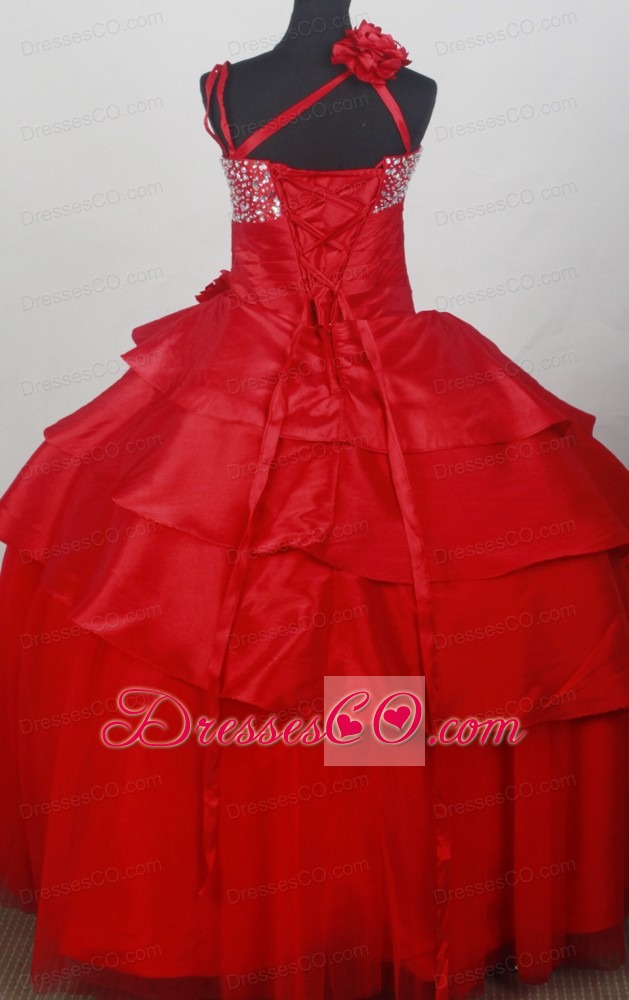 Asymmetrical Red Beaded and Flowers Decorate Flower Girl Dress