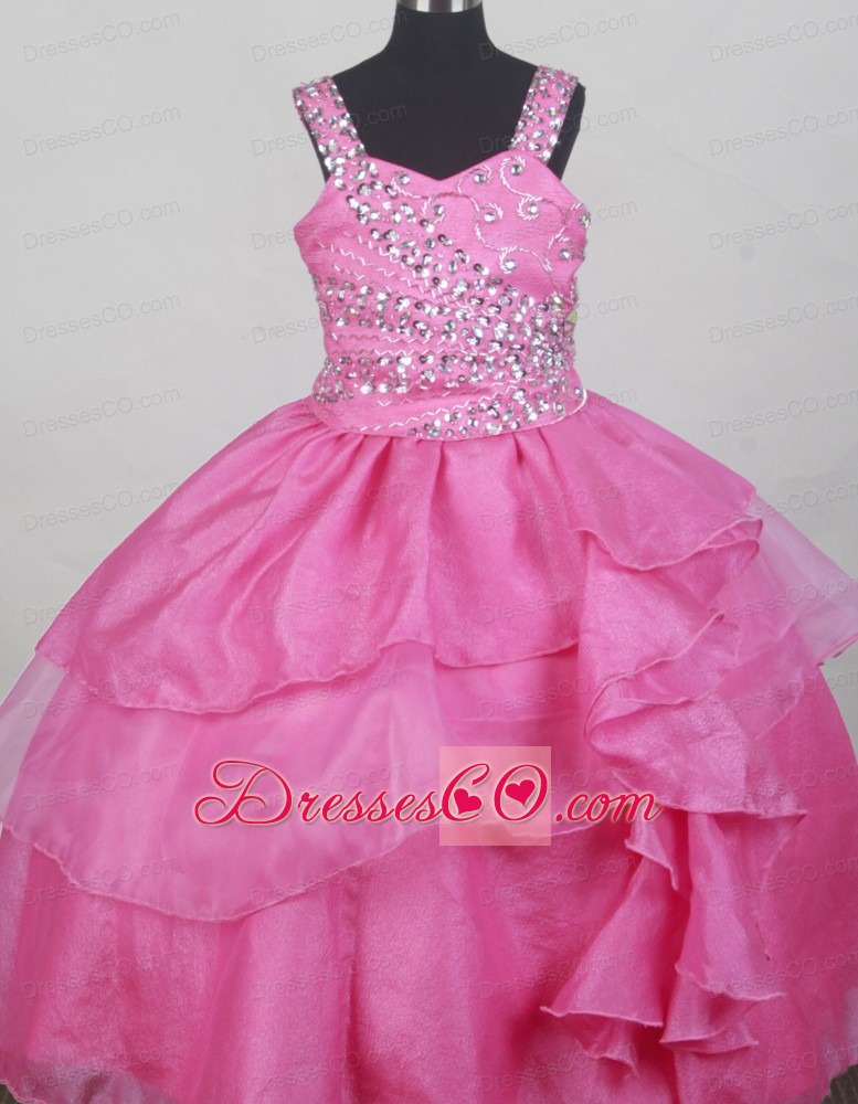 Hot Pink Straps Neckline Beaded Decorate Bodices Flower Girl Pageant Dress