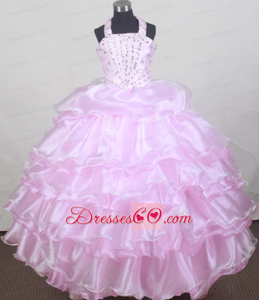 Brand New Halter Baby Pink Flower Girl Pageant Dress With Beaded and Ruffled Layers Decorate