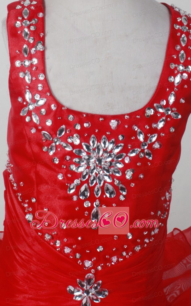 Red Pretty Scoop Neckline Beaded Decorate Litter Girl Pagaent Dress