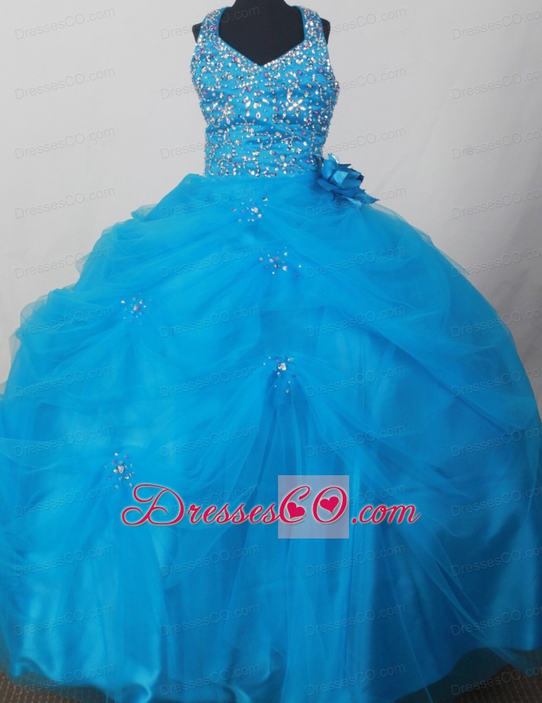 Blue Sweet Halter Neckline Flower Girl Pageant Dress With Beaded and Flowers Decorate