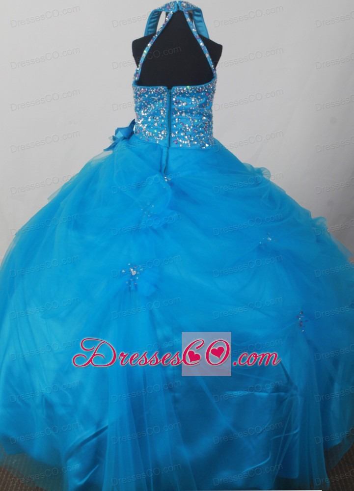 Blue Sweet Halter Neckline Flower Girl Pageant Dress With Beaded and Flowers Decorate