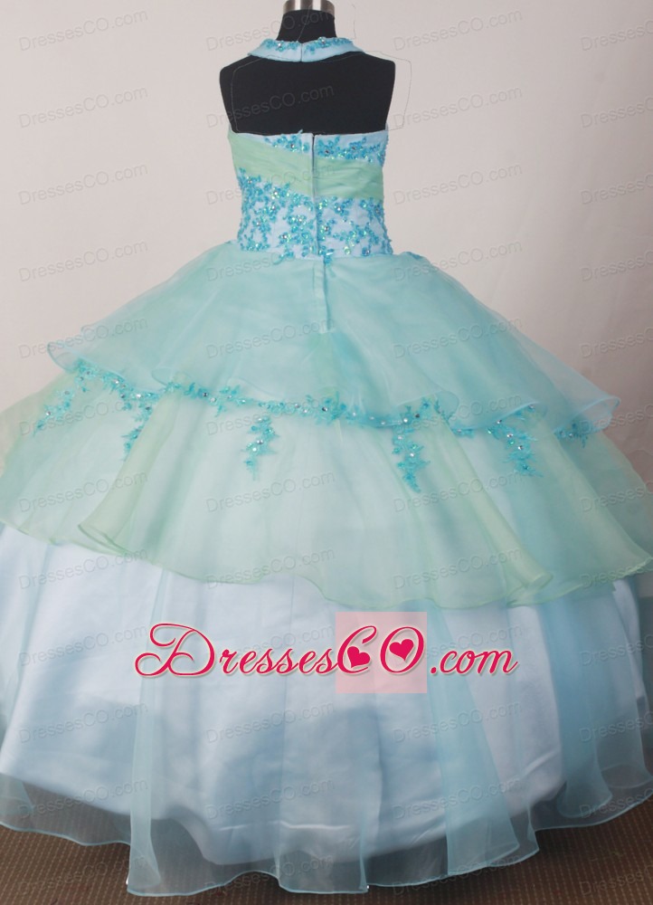 Appliques Decorate Apple Green and Light Blue Halter Flower Girl Pageant Dress