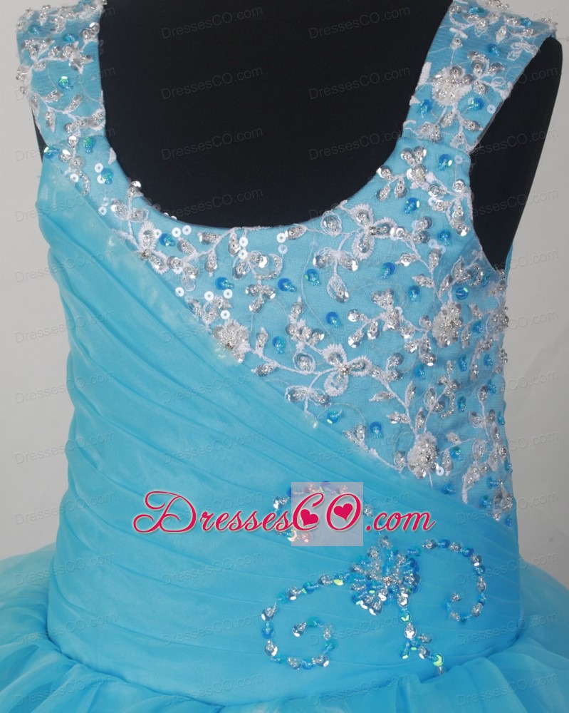 Lovely Light Blue Scoop Neckline Appliques Decorate Flower Girl Pagaent Dress