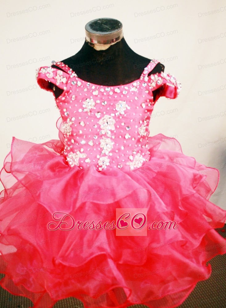 Off The Shoulder Hot Pink Beaded Decorate Mini-length Organza Flower Girl Pagaent Dress
