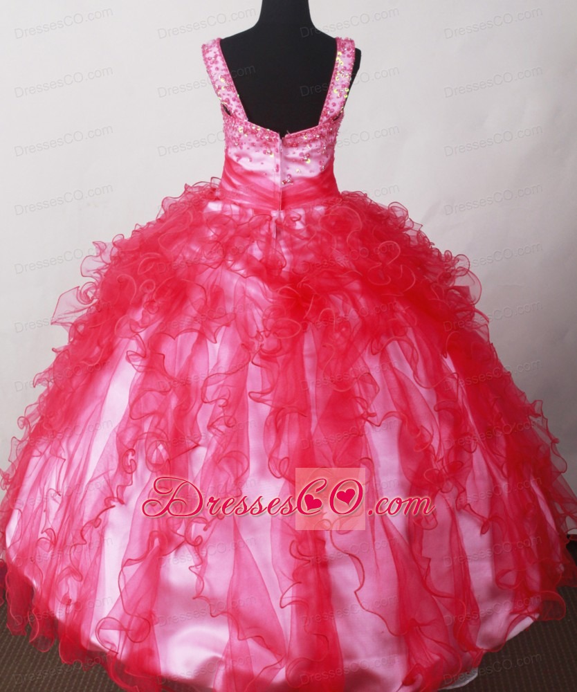 Coral Red Straps With Beading For Little Girl Pageant Dresses