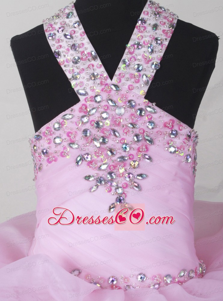 Sweet Baby Pink Little Girl Pageant DressWith V-neck Beading and Pick-ups