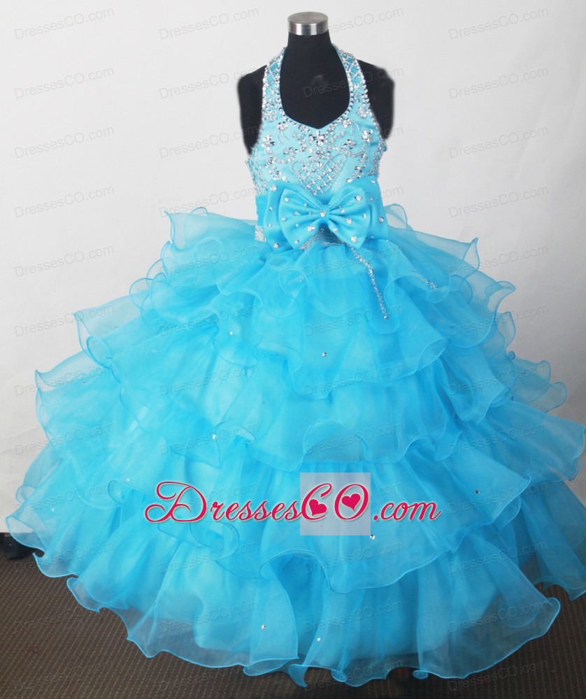 Perfect Aqua Blue Little Girl Pageant DressWith Beading Bowknot and Ruffled Layers
