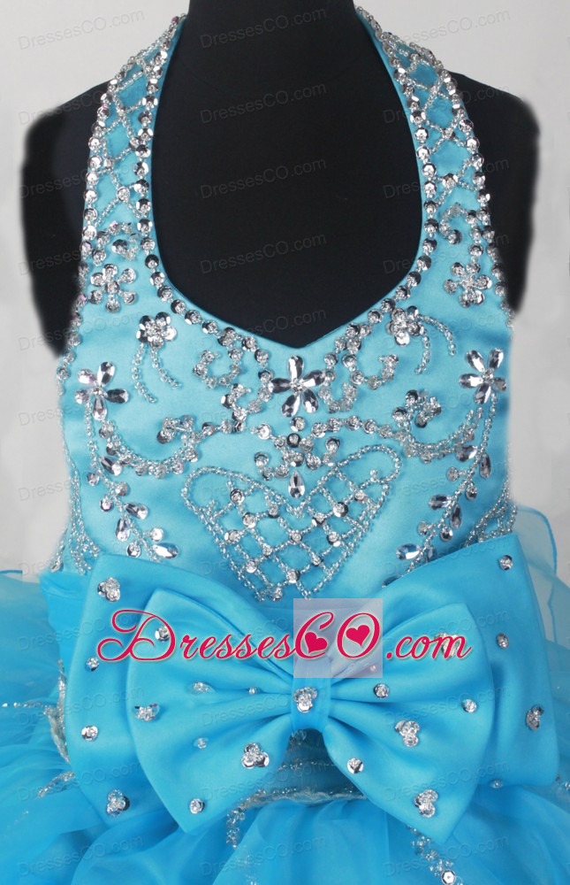 Perfect Aqua Blue Little Girl Pageant DressWith Beading Bowknot and Ruffled Layers