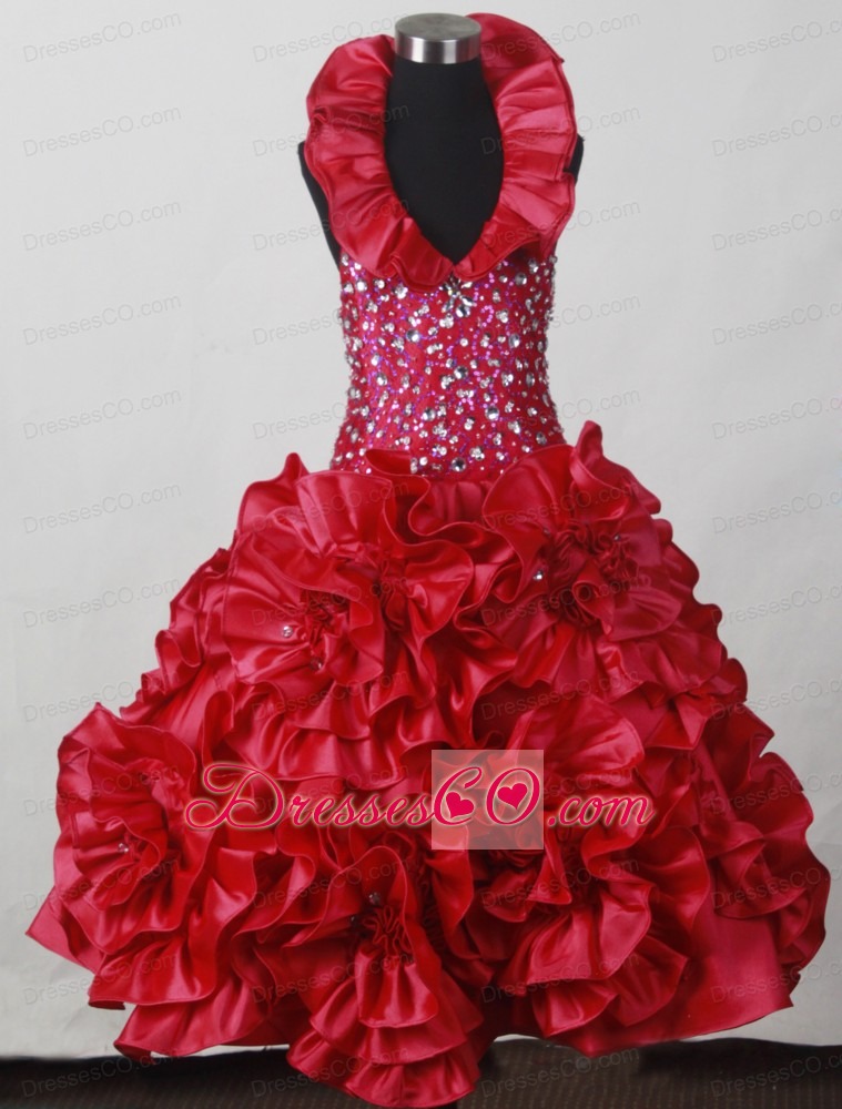 Red Little Girl Pageant Dress With Hand Made Flowers and Beading