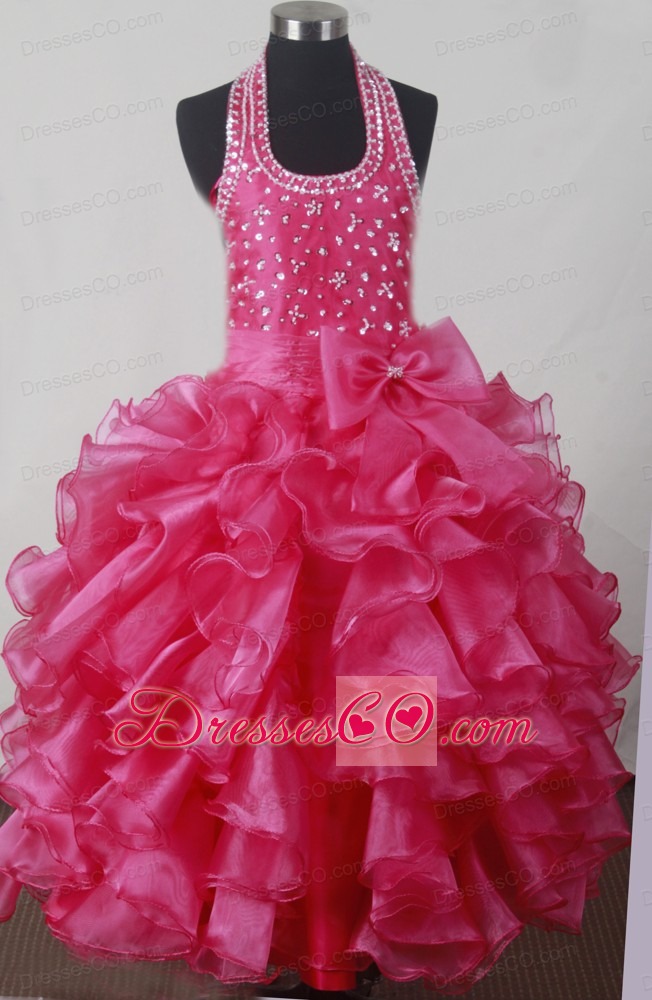 Beading Bowknot Ruffles Luxurious Ball Gown Little Girl Pageant Dress Halter Long