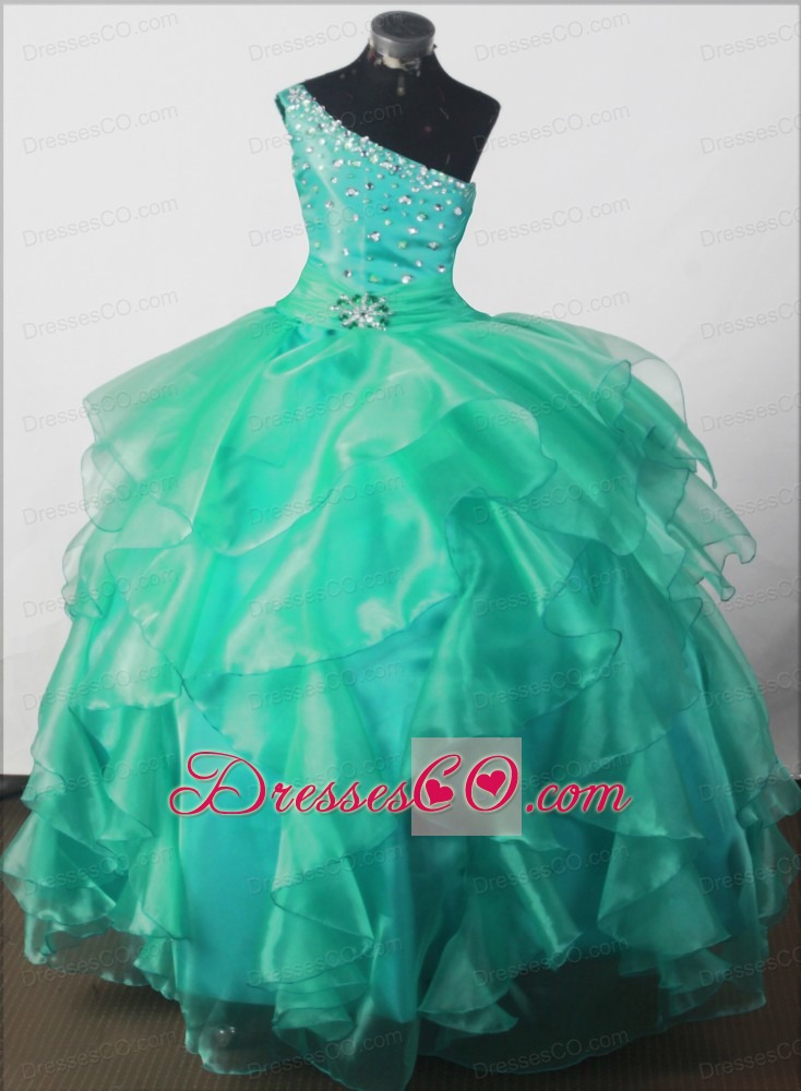 Elegant Beading Ball Gown One-shoulder Long Little Girl Pageant Dress