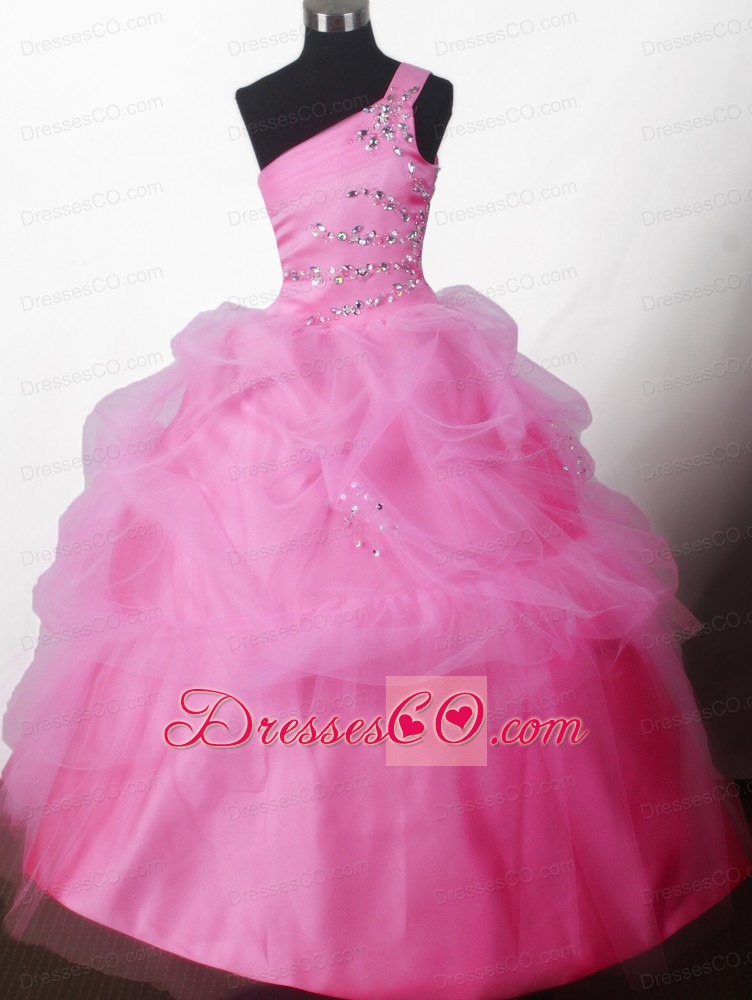 Pretty Ball Gown Beading One-shoulder Long Little Girl Pageant Dress