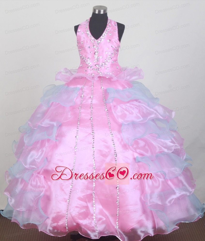 Pretty Beading Ball Gown Halter Long Little Girl Pageant Dress