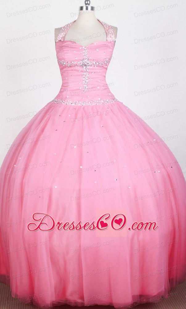 Simple Beaded Decorate Bodice Ball Gown Halter Top Long Little Girl Pageant Dress