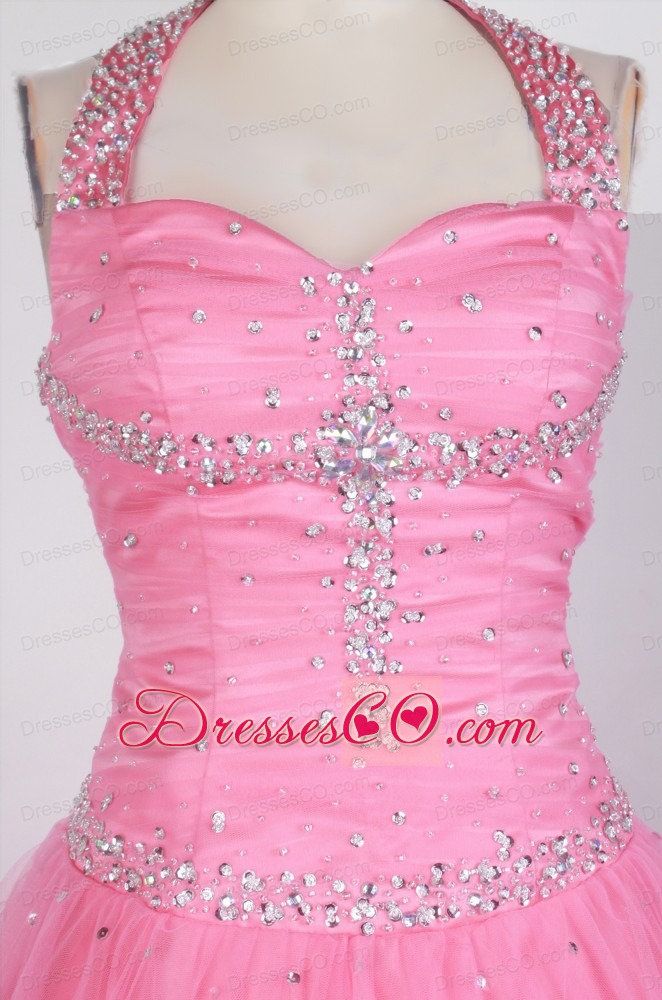 Simple Beaded Decorate Bodice Ball Gown Halter Top Long Little Girl Pageant Dress