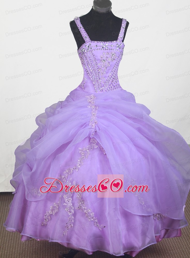Beautiful Appliques With Beading Little Girl Pageant Dress Ball Gown Straps Long