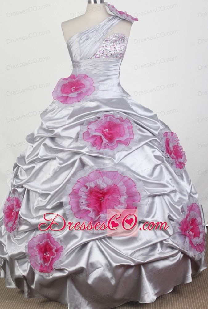 Popular Beading Hand Made Flowers Ball Gown One Shoulder Long Little Girl Pageant Dress