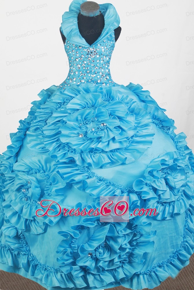 Luxurious Beading Hand Made Flowers Ball Gown Little Girl Pageant Dress Halter Top Long