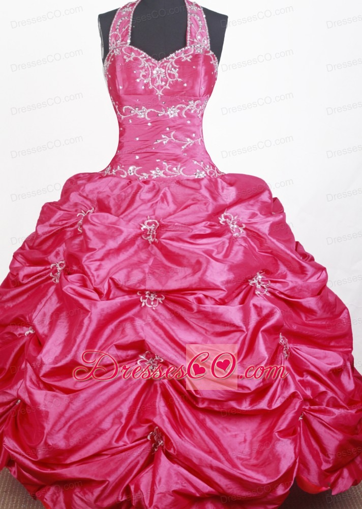 Sweet Ball Gown Embroidery With Beading Halter Top Long Little Girl Pageant Dress