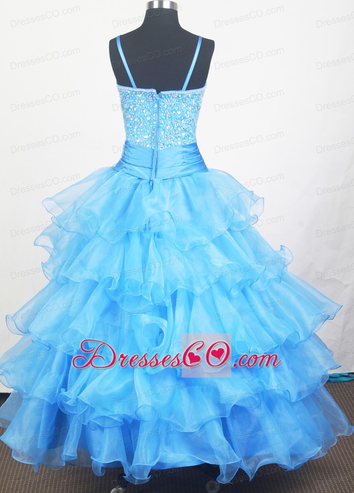 Aqua Blue and Hand Made Flowers For Little Girl Pageant Dress With Beaded Decorate Bodice