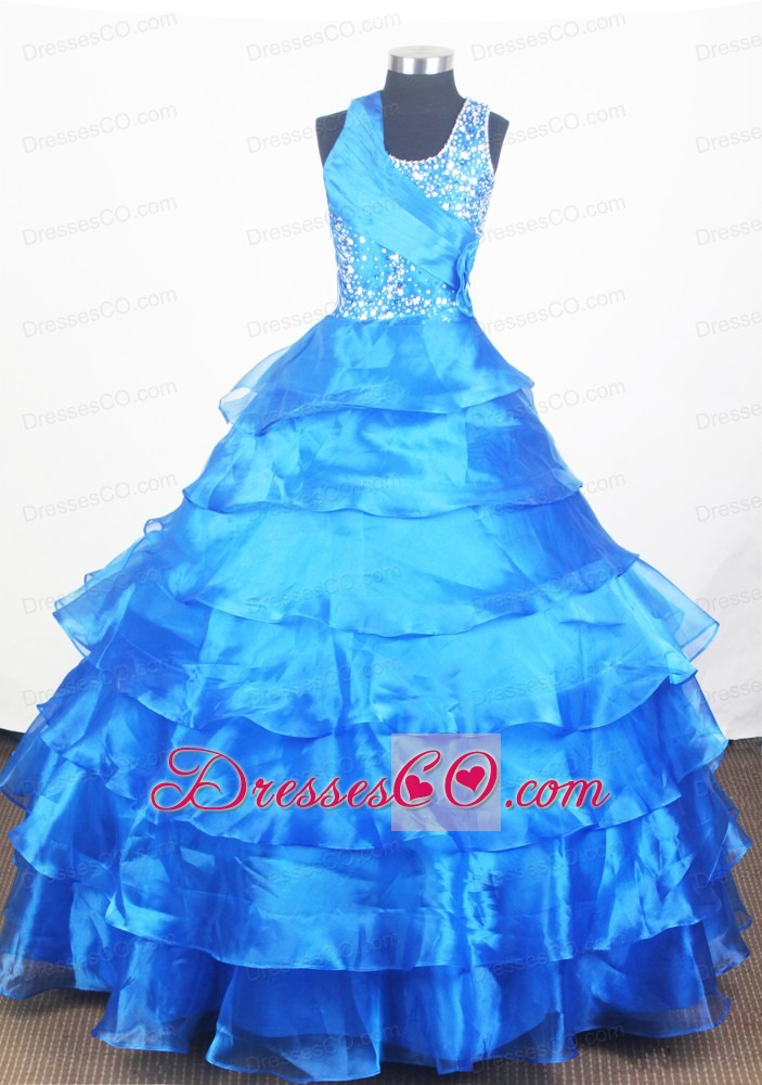 Blue Little Girl Pageant Dress With Ruffled Layered and Beading