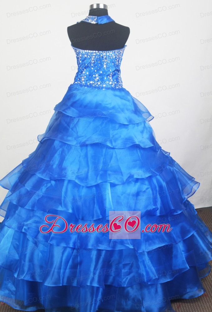 Blue Little Girl Pageant Dress With Ruffled Layered and Beading