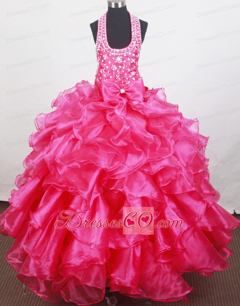 Beaded Decorate Halter and Bowknot For Little Girl Pageant DressWith Ruffles