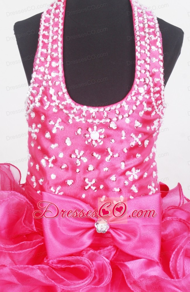 Beaded Decorate Halter and Bowknot For Little Girl Pageant DressWith Ruffles