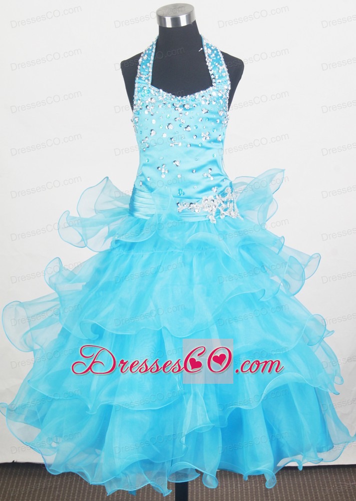 Beading Halter and Ruffled Layers Little Girl Pageant DressWith Aqua Blue