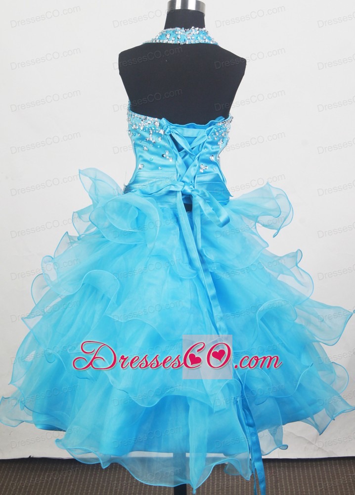 Beading Halter and Ruffled Layers Little Girl Pageant DressWith Aqua Blue