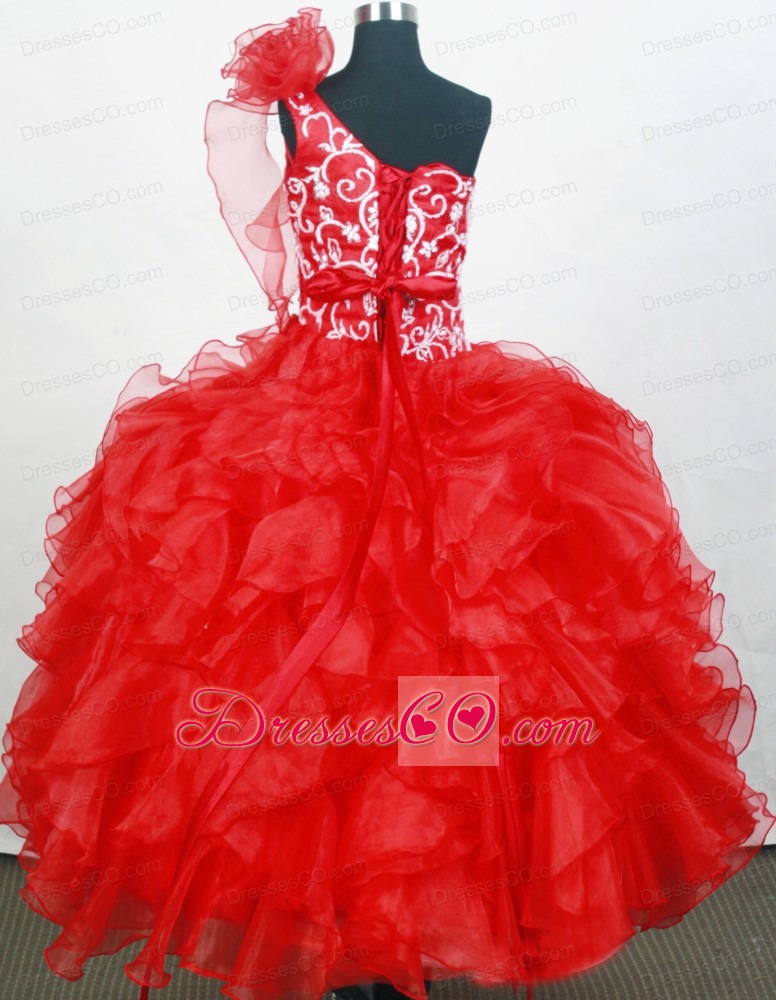 Red One Shoulder Little Girl Pageant DressWith Hand Made Flowers and Ruffled Layers
