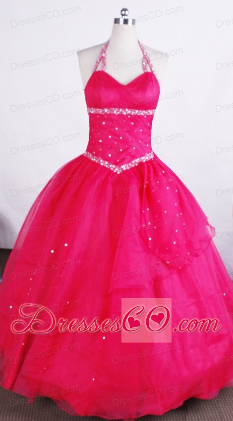 Simple Ball Gown Halter Neckline Long Flower Girl Pageant Dress With Beaded Decorate