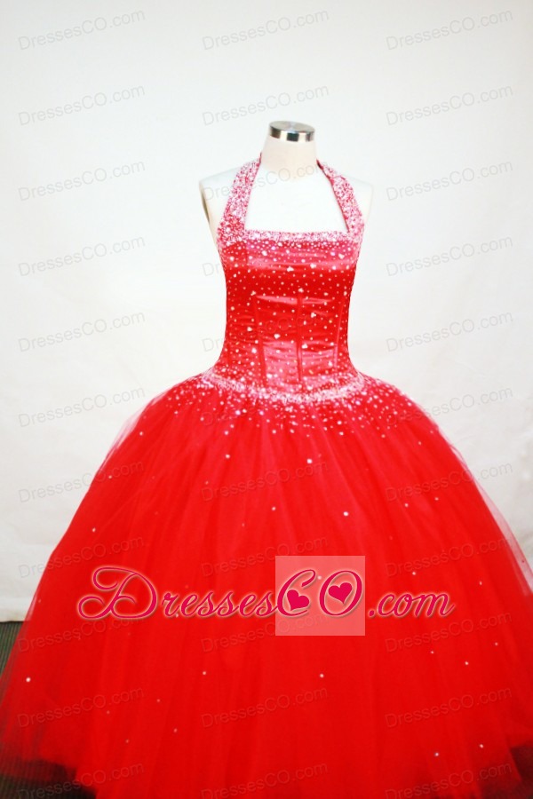 Red Custom Made Beaded Decorate Tulle Flower Girl Pageant Dress With Halter Neckline