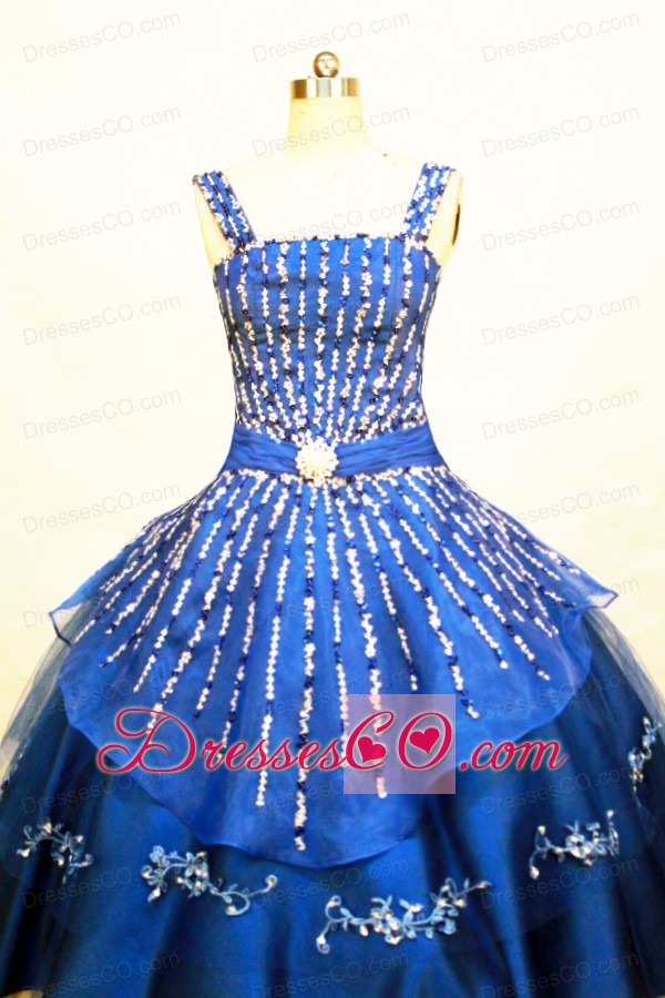 Blue Straps Neckline Flower Girl Pageant Dress With Beaded and Appliques Decorate On Organza