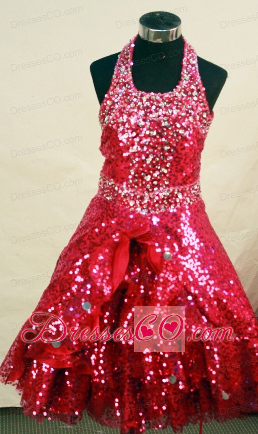 Red Custom Made Sequin Fabric Halter Neckline Flower Girl Pageant Dress