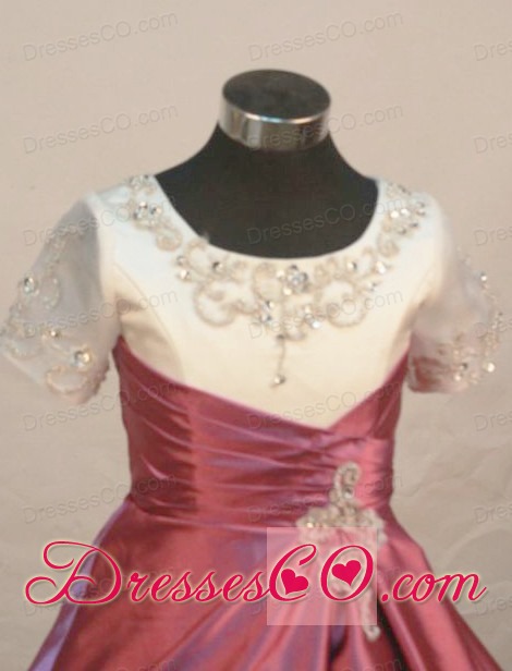 White and Red Classical Princess Flower Girl Pageant DressWith Scoop Neckline Beaded and Embroidery Decorate