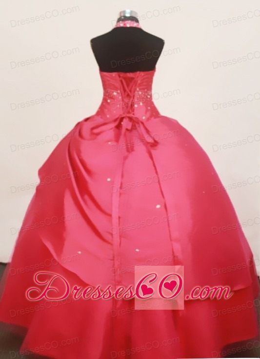 Stylish Halter Coral Red Little Girl Pageant Dress Long Taffeta