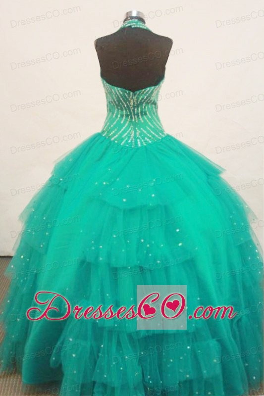 Beaded Decorate Bust Turquoise Little Girl Pageant Dress Halter Top With Ruffled Layers