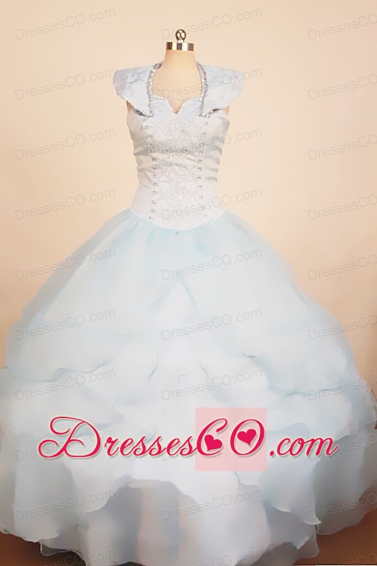 Custom Made Light Blue Little Girl Pageant Dress With Ruffled Layers Ball Gown Scoop Neck
