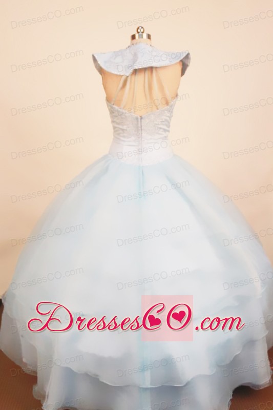 Custom Made Light Blue Little Girl Pageant Dress With Ruffled Layers Ball Gown Scoop Neck