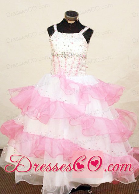 Pretty Pink and White Little Girl Pageant Dress Beaded Decorate With Ruffled Layers Organza