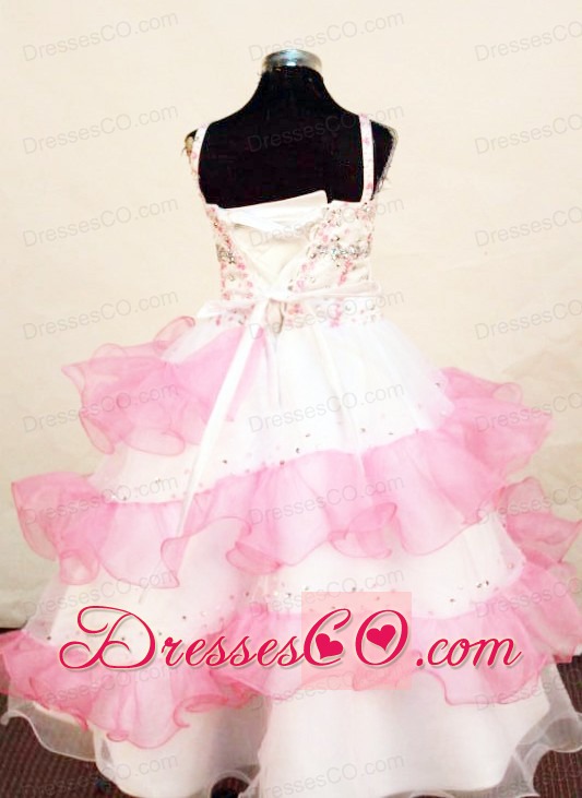 Pretty Pink and White Little Girl Pageant Dress Beaded Decorate With Ruffled Layers Organza