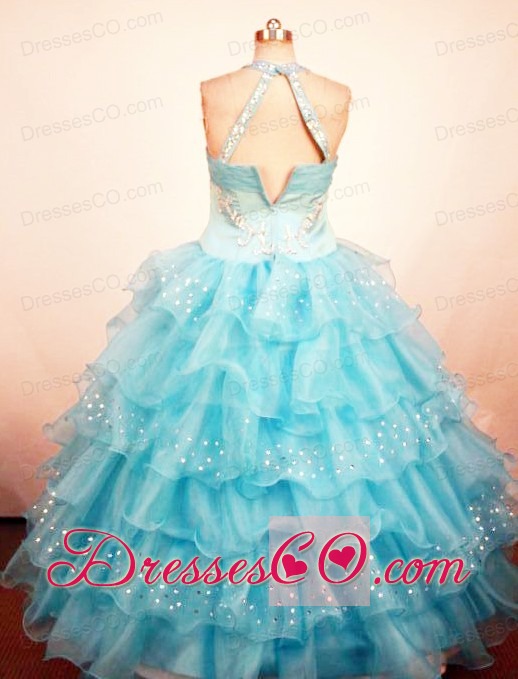Lovely Ball Gown Little Girl Pageant Dress Ruffled Layered Halter With Long Aqua Blue Organza