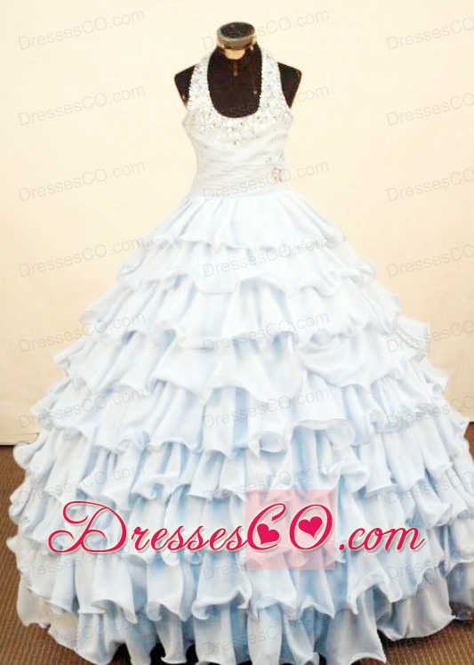 Brand New Layers Halter Little Girl Pageant Dress Ruffled Long Ball Gown